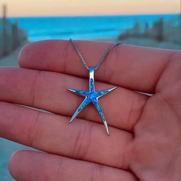 Blue opal and silver starfish necklace