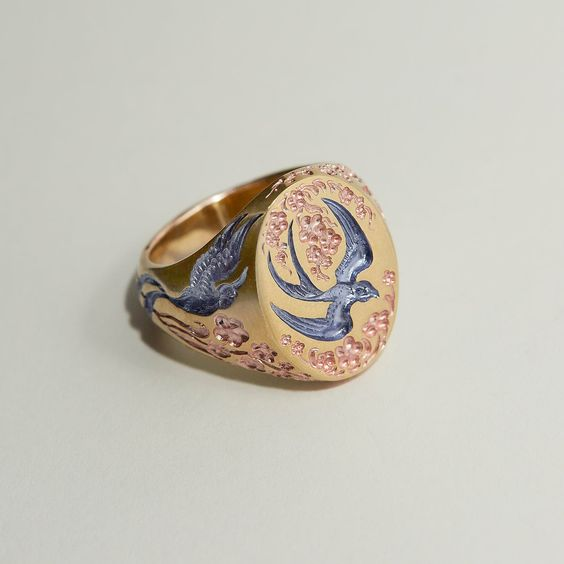 Vintage blue and gold hummingbird ring